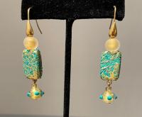 Earrings Gold Turquoise Rectangle 3 Bead (E10) by Leslie Genninger