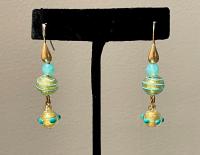 Earrings Gold & Turquoise Swirled & Dot 3 Bead (E9) by Leslie Genninger