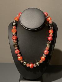 Necklace Red Gold Black Swirl Spiral Round (N33) by Leslie Genninger