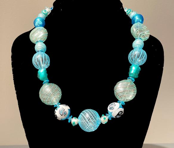 Necklace Turquoise Clear Swirl Silver Spiral Round Beads (NB34) by Leslie Genninger