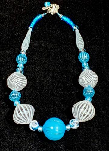 Necklace Turquoise Silver White Clear Swirl Large Beads (NB39) by Leslie Genninger