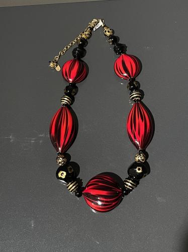 Necklace Red Black Large Gold Black Swirl (NB38) by Leslie Genninger