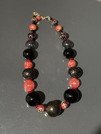 Necklace Black Gold Red Swirl (NB37) by Leslie Genninger