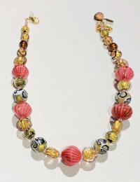 Necklace Pink Stripe Gold Black Round (NB34) by Leslie Genninger