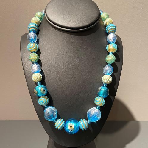Necklace Light Blue Gold Spiral & Swirl (N34) by Leslie Genninger