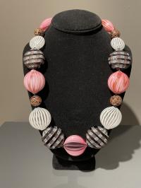 Necklace Pink Black White Battuto Avventurine Clear White Stripe (NBB41) by Leslie Genninger